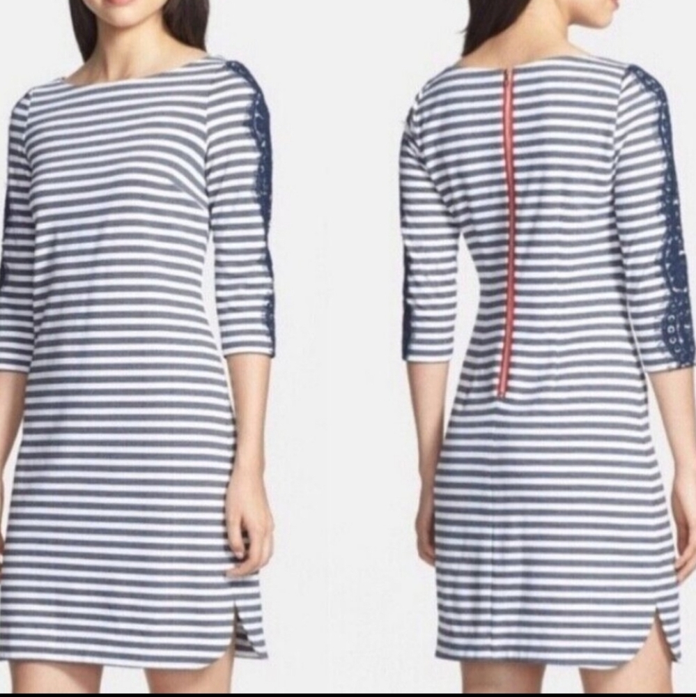 Eliza J. Dress Blue White Stripe Ponte Knit Lace Sleeve Women's Size 12
